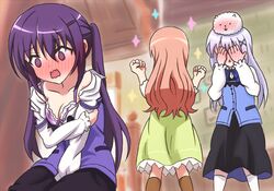  3girls angora_rabbit animal animal_on_head between_legs blue_bow blue_bowtie blue_hair blue_vest blush bow bowtie bra breasts brown_footwear buttons ceiling cleavage collarbone collared_shirt commentary_request covering_face dress flat_chest frilled_dress frills from_behind full-face_blush gochuumon_wa_usagi_desu_ka? green_dress hair_between_eyes hair_ornament hairclip hand_between_legs hoto_mocha indoors kafuu_chino kneehighs light_blue_hair long_hair long_sleeves looking_at_viewer medium_breasts multiple_girls nikukyuu_(vento-aureo-giogio) off_shoulder on_head open_mouth orange_hair plaid plaid_bra purple_bra purple_eyes purple_hair purple_vest rabbit rabbit_house_uniform rabbit_on_head shirt sidelocks socks sparkle standing tedeza_rize tippy_(gochiusa) twintails underwear vest wavy_mouth white_legwear white_shirt wing_collar x_hair_ornament 