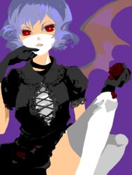  alternate_costume ann606 bat_wings blue_hair colored_eyelashes eyelashes female flower gloves gothic_lolita lolita_fashion pinky_out red_eyes red_flower red_rose remilia_scarlet rose short_hair simple_background solo tegaki thighhighs touhou white_thighhighs wings 