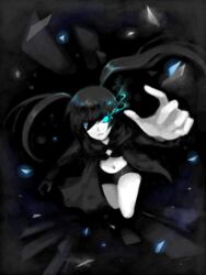  ann606 black_hair black_rock_shooter black_rock_shooter_(character) blue_eyes colored_skin dark female flaming_eye glowing glowing_eye long_hair looking_at_viewer midriff navel solo stomach tegaki twintails white_skin 