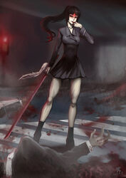  blood corrupt evil female ga-rei ga-rei_zero highres isayama_yomi katana ponytail school_uniform solo_focus sword weapon 