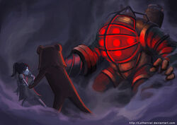  big_daddy_(bioshock) bioshock_(series) bioshock_1 deviantart_username diving_suit dress drill drill_hand english_commentary female glowing glowing_eyes little_sister_(bioshock) looking_at_another lutherniel no_pupils pedobear photoshop_(medium) ponytail red_eyes self-upload smoke web_address yellow_eyes you_gonna_get_raped 