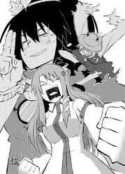  3girls commentary_request greyscale hat highres karu_(ishiken) kochiya_sanae long_hair monochrome moriya_suwako multiple_girls short_hair shouting touhou yasaka_kanako 