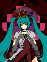  ann606 aqua_eyes aqua_hair choker crown elbow_gloves female gloves hatsune_miku long_hair solo striped_clothes striped_thighhighs tegaki thighhighs twintails very_long_hair vocaloid world_is_mine_(vocaloid) 