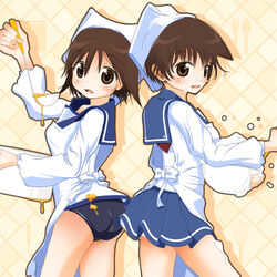  2girls ao_yasai apron back-to-back bandana bowl brown_eyes brown_hair commentary_request crossover kettle ladle miyafuji_yoshika miyanaga_saki multiple_girls no_pants saki_(manga) school_swimsuit school_uniform serafuku short_hair strike_witches swimsuit swimsuit_under_clothes world_witches_series 