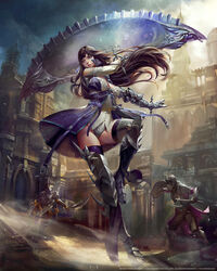  2boys armor armored_boots ass_visible_through_thighs axe blue_eyes boots brown_hair building chinese_commentary commentary_request couter dual_wielding female final_fantasy gauntlets helmet highres holding lips long_hair looking_to_the_side md5_mismatch meia_(mff) meir mobius_final_fantasy multiple_boys sand shield standing standing_on_one_leg thighhighs weapon yu_cheng_hong 