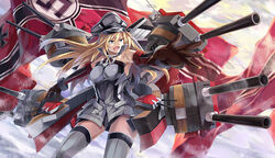  armpits bad_id bad_pixiv_id bare_shoulders bismarck_(kancolle) blonde_hair blue_eyes cannon detached_sleeves elbow_gloves female gloves grey_thighhighs hat kantai_collection long_hair military military_uniform naval_uniform nazi_war_ensign neko_(yanshoujie) open_mouth outstretched_arm peaked_cap photoshop_(medium) sleeveless solo swastika thighhighs uniform zettai_ryouiki 