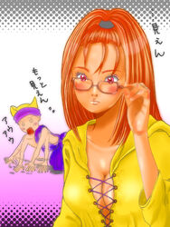  1boy bad_neck barbara_(dq6) bespectacled blush breasts chamoro cleavage commentary_request dragon_quest dragon_quest_vi female forehead glasses hat high_ponytail medium_breasts plumsyrup red_eyes red_hair translation_request 