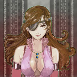  beatrix_(ff9) breasts brown_hair cleavage commentary_request curly_hair elbow_gloves eyepatch female final_fantasy final_fantasy_ix gloves jewelry long_hair medium_breasts necklace plumsyrup 