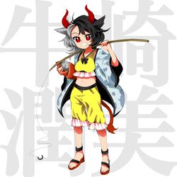  animal_ears animal_print black_footwear black_hair chains commentary_request cow_ears cow_girl cow_horns cow_print cow_tail crop_top female fishing_rod frilled_shorts frills full_body grey_hair grin haori harukawa_moe_(style) highres horns japanese_clothes keiki8296 looking_at_viewer midriff multicolored_hair navel red_horns red_tail sandals shorts smile solo split-color_hair statue tail tank_top toenails toes touhou two-tone_hair ushizaki_urumi yellow_shorts yellow_tank_top 