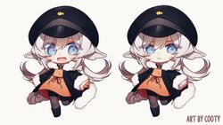  animal_ears black_headwear black_jacket blue_eyes chibi clenched_hands commission coojisan dress english_commentary female franziska_van_wulfen fur_trim indie_virtual_youtuber jacket long_hair low_twintails multiple_views open_hands open_mouth orange_dress pout second-party_source sharp_teeth smile teeth twintails virtual_youtuber white_background 