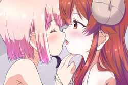  2girls ahoge blush brown_hair chiyoda_momo commentary_request curled_horns demon_girl demon_horns demon_tail expressive_tail horns imminent_kiss long_hair looking_at_another machikado_mazoku mukaibi_aoi multiple_girls open_mouth pink_hair short_hair tail tail_wrap yoshida_yuuko_(machikado_mazoku) yuri 