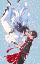  2boys absurdres black_hair blue_eyes bridal_gauntlets brown_hair coat earrings eye_contact floating hair_ornament hairpin haori highres holding_hands japanese_clothes jewelry kashuu_kiyomitsu kashuu_kiyomitsu_(kiwame) kimono looking_at_another male_focus mole mole_under_mouth multiple_boys open_mouth petals plico_(nicoma) red_eyes red_nails red_scarf sandals scarf shinsengumi smile touken_ranbu white_scarf yamato-no-kami_yasusada yamato-no-kami_yasusada_(kiwame) yaoi 