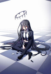  1boy absurdres belt black_belt black_footwear black_hair black_jacket black_necktie black_pants checkered_floor chess_piece collared_shirt corruption danganronpa_(series) danganronpa_2:_goodbye_despair grey_background halo highres holding_chess_piece jacket kamukura_izuru long_hair male_focus necktie open_clothes open_jacket pants red_eyes shirt sitting solo very_long_hair white_shirt ziling 