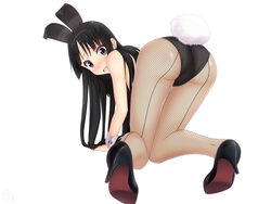  absurdres akiyama_mio all_fours animal_ears ass back-seamed_legwear black_eyes black_hair black_leotard blunt_bangs blush commentary_request embarrassed fake_animal_ears female fishnet_pantyhose fishnets highres hime_cut k-on! leotard long_hair looking_at_viewer looking_back nose_blush pantyhose playboy_bunny rabbit_ears rabbit_tail sainohikari seamed_legwear sidelocks simple_background solo strapless strapless_leotard tail white_background wrist_cuffs 