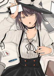  arm_garter black_choker black_hat black_nails black_ribbon black_skirt book breasts brown_eyes brown_hair cellphone charger choker collarbone collared_shirt computer duplicate earrings fedora female hat hat_ribbon highres jewelry laptop long_sleeves looking_at_viewer lying medium_breasts nail_polish neck_ribbon necro_(nekurodayo) on_back open_mouth pages pen phone pill pixel-perfect_duplicate ribbon shirt short_hair skirt slit_pupils smartphone solo suspender_skirt suspenders touhou usami_renko white_ribbon white_shirt wing_collar 