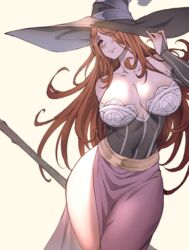  bare_shoulders black_hat breasts brown_eyes brown_hair carcass_(artist) cleavage closed_mouth collarbone dragon&#039;s_crown female hair_over_one_eye hat highres holding holding_staff large_breasts long_hair looking_away looking_to_the_side simple_background smile solo sorceress_(dragon&#039;s_crown) staff thighs witch_hat yellow_background 