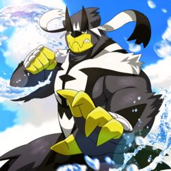  1:1 5_fingers ambiguous_gender anthro arm_tuft blue_sky claws clenched_teeth cloud facial_markings fighting_pose fingers fist fur fur_tuft generation_8_pokemon grey_body grey_fur head_markings legendary_pokemon looking_at_viewer markings multicolored_body multicolored_fur muzzle_(marking) nintendo pokemon pokemon_(species) pose pseudo_clothing rapid_strike_style_urshifu rossciaco sky snout snout_markings solo teeth tuft urshifu water white_body white_fur yellow_claws 