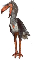  2023 absurd_res ambiguous_gender avian beak bird black_spots blue_eyes cariamiform digital_media_(artwork) feathers feet feral front_view grey_body grey_feathers hi_res kelenken looking_away mossa open_mouth orange_legs scales solo spots standing talons terror_bird toes wings_folded 