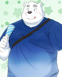  2020 4:5 anthro bear belly black_nose blue_eyes clothing fur hi_res humanoid_hands kemono male mammal overweight overweight_anthro overweight_male polar_bear shirt solo tongue tongue_out topwear ursine white_body white_fur yaki_atsuage 