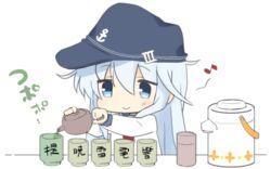  airpot anchor_symbol blue_eyes blue_hat chibi commentary cup female flat_cap grey_hair hat hibiki_(kancolle) hizuki_yayoi kantai_collection long_hair long_sleeves musical_note pouring sailor_collar school_uniform serafuku simple_background smile solo tea teapot translated water_boiler white_background 