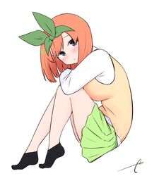  ankle_socks black_socks blue_eyes blush closed_mouth commentary eyebrows_hidden_by_hair female from_side full_body go-toubun_no_hanayome green_ribbons green_skirt hair_ribbon highres knees_up kujou_karasuma long_sleeves looking_at_viewer looking_to_the_side nakano_yotsuba no_shoes orange_hair pleated_skirt ribbon shirt signature simple_background skirt socks solo sweater_vest symbol-only_commentary white_background white_shirt 