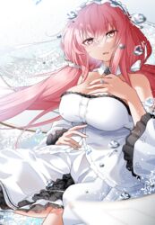  azur_lane bare_shoulders breasts cleavage dress female frilled_dress frills hand_on_own_chest highres large_breasts layered_dress long_hair looking_at_viewer perseus_(azur_lane) pink_eyes pink_hair solo twintails very_long_hair white_dress winterfall_(artenh) 