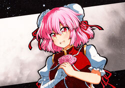  :d bad_id bad_pixiv_id bandages breasts bun_cover chinese_clothes clenched_hand double_bun female fist_in_hand flower grey_background hair_between_eyes hair_bun ibaraki_kasen medium_breasts open_mouth pink_eyes pink_flower pink_hair pink_rose puffy_short_sleeves puffy_sleeves qqqrinkappp red_ribbon ribbon rose short_sleeves smile solo tabard touhou traditional_media upper_body v-shaped_eyebrows 