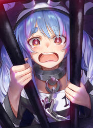  animal_ears bars blue_hair blush braid chained chains collar commentary_request female hat highres hololive indoors long_hair looking_at_viewer metal_collar open_mouth prison prison_clothes rabbit_ears rabbit_girl red_eyes revision solo tears teeth torriet upper_body upper_teeth_only usada_pekora usada_pekora_(prisoner) virtual_youtuber 