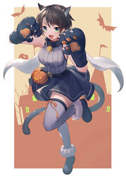  :d absurdres adapted_costume animal_ears animal_hands black_skirt breasts brown_hair cat_ears cat_girl cat_tail commentary female full_body gloves green_eyes grey_shirt grey_thighhighs halloween highres hololive impossible_clothes impossible_shirt knee_up large_breasts light_blush looking_at_viewer miniskirt oerba_yun_fang oozora_subaru oozora_subaru_(work) open_mouth paw_gloves shirt short_hair skirt sleeveless sleeveless_shirt smile solo standing standing_on_one_leg striped_clothes striped_shirt swept_bangs tail thick_thighs thighhighs thighs tokisaka_makoto vertical-striped_clothes vertical-striped_shirt virtual_youtuber w_arms 