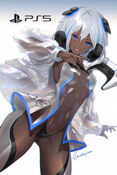  artist_name blue_eyes breasts commentary controller dark-skinned_female dark_skin female game_console gradient_background hair_ornament headgear highres jacket joystick leotard lips logo long_sleeves looking_at_viewer lucidsky medium_breasts multicolored_hair open_clothes open_jacket original parted_lips personification playstation_5 ps5_chan see-through short_hair signature simple_background skin_tight smile solo white_background white_hair 