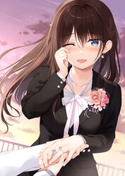  ;d bead_necklace beads black_jacket blazer blue_eyes boku_no_kanojo_sensei breasts brown_hair collarbone earrings eyes_visible_through_hair female flower fujiki_maka gradient_sky hand_up highres holding_hands jacket jewelry long_hair long_sleeves looking_at_viewer marriage_proposal neck_ribbon necklace one_eye_closed open_mouth ornate_ring oryo_(oryo04) out_of_frame outdoors pink_flower pov pov_hands putting_on_jewelry ribbon ring shirt sky smile solo_focus tears twilight undershirt upper_body wedding_ring white_ribbon white_shirt wiping_tears 