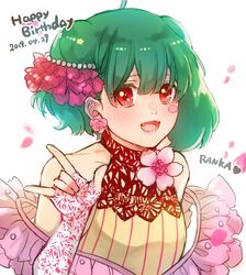  :d \m/ ahoge dated earrings female fingerless_gloves gloves green_hair hair_ornament happy_birthday jewelry kimidori_(kimidoriri) macross macross_frontier oerba_yun_fang open_mouth ranka_lee red_eyes short_hair smile solo uta_macross_sumaho_deculture 