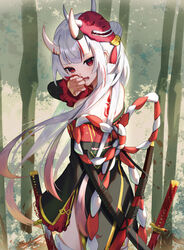  absurdres ao_ne back_tattoo bad_id bad_pixiv_id bare_shoulders bell black_kimono blood blood_on_face blood_on_hands blush double_bun female frilled_sleeves frills from_behind gold_trim gradient_hair grey_hair hair_bell hair_bun hair_ornament highres holding holding_sword holding_weapon hololive horns japanese_clothes jingle_bell katana kimono kouhaku_nawa long_hair long_sleeves looking_at_viewer looking_back mask multicolored_hair nakiri_ayame nakiri_ayame_(1st_costume) oerba_yun_fang off_shoulder oni oni_mask red_eyes red_hair rope shimenawa short_kimono skin-covered_horns solo streaked_hair sword tassel tassel_hair_ornament tattoo tears thighhighs two_side_up virtual_youtuber weapon white_thighhighs wide_sleeves 