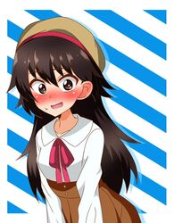  alternate_hair_length alternate_hairstyle bad_id bad_twitter_id beret blue_background blush brown_hat brown_skirt casual collared_shirt commentary diagonal_stripes female girls_und_panzer hat high-waist_skirt highres isobe_noriko leaning_forward long_hair long_sleeves looking_at_viewer neck_ribbon open_mouth red_ribbon ribbon shirt silhouette skirt solo standing striped striped_background sweatdrop tanutika white_shirt wig 