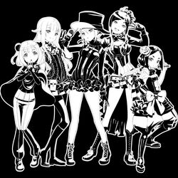  5girls :d :o ange_(princess_principal) beatrice_(princess_principal) belt black_background boots bow breasts cape dorothy_(princess_principal) dress frills greyscale gun hat holding holding_gun holding_sword holding_weapon knee_boots long_hair monochrome multiple_girls pose princess_(princess_principal) princess_principal simple_background small_breasts smile standing sword taniguchi_gou toudou_chise weapon 