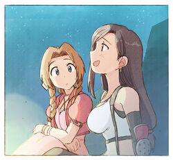  2girls aerith_gainsborough arm_guards black_gloves black_hair black_sports_bra blue_eyes blush braid braided_ponytail breasts commentary crop_top cropped_jacket crossed_arms dress earrings elbow_gloves final_fantasy final_fantasy_vii final_fantasy_vii_remake from_side gloves highres jacket jewelry light_brown_hair long_hair looking_at_another looking_up low-tied_long_hair medium_breasts midriff multiple_girls night night_sky open_mouth outdoors parted_bangs parted_lips pink_dress profile red_eyes red_jacket short_sleeves side_braids sitting skirt sky smile sports_bra star_(sky) starry_sky straight_hair suspender_skirt suspenders talking tank_top tifa_lockhart tsubobot underwear white_tank_top 