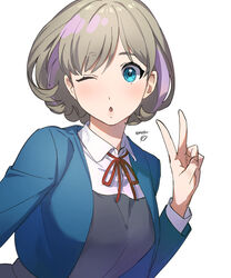  ;o bad_id bad_twitter_id banababa blue_eyes blue_jacket breasts collared_shirt cropped_jacket dress dress_shirt female grey_dress grey_hair highres jacket korean_commentary light_brown_hair long_sleeves looking_at_viewer love_live! love_live!_superstar!! medium_breasts multicolored_hair neck_ribbon one_eye_closed parted_lips pinafore_dress purple_hair red_ribbon ribbon school_uniform shirt short_hair simple_background sleeveless sleeveless_dress solo streaked_hair swept_bangs tang_keke upper_body v white_background white_shirt winter_uniform yuigaoka_school_uniform 