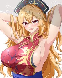  armpits arms_behind_head blush breasts colored_eyelashes crossed_bangs female hand_in_own_hair headdress highres junko_(touhou) large_breasts long_hair looking_at_viewer open_mouth phoenix_crown red_eyes sideboob simple_background solo tabard tasuku_(tusktouhou4) touhou upper_body white_background 