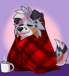  anthro australian_shepherd beta_(betaetadelota) beverage canid canine canis closed_eyes coffee coffee_mug domestic_dog happy herding_dog hi_res male mammal pastoral_dog rindeadsong sheepdog solo tired youtuber 