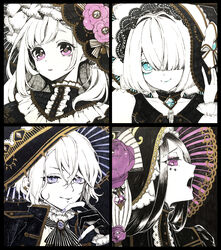  4girls aqua_eyes ascot bad_id bad_twitter_id bell black_border black_hair bonnet border bow choker commentary_request crossed_bangs eyebrows_hidden_by_hair facial_tattoo flower gloves goshi-san goth_fashion hair_intakes hair_over_one_eye highres lace lipstick long_hair looking_at_viewer makeup medium_hair multiple_girls multiple_piercings original parted_lips partially_fingerless_gloves pink_eyes pink_flower portrait purple_eyes purple_flower purple_nails slit_pupils smile spot_color swept_bangs tattoo white_hair 