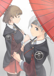  2girls black_thighhighs breasts brown_hair chitose_(kancolle) chiyoda_(kancolle) closed_mouth grey_background grey_eyes grey_hair hair_ribbon headband highres holding holding_umbrella japanese_clothes kantai_collection long_hair long_sleeves multiple_girls oil-paper_umbrella raincoat ribbon short_hair simple_background taruya thighhighs umbrella 