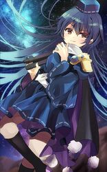  alternate_eye_color armor bad_id bad_twitter_id black_socks blue_dress blue_hair blush brown_eyes coat commentary dress female frilled_dress frills gem geta hand_on_leg hat high_heels highres holding holding_tripod iizunamaru_megumu japanese_armor kneehighs long_hair looking_at_viewer milky_way night night_sky one-hour_drawing_challenge open_mouth oudondk pauldrons pom_pom_(clothes) purple_footwear ribbon-trimmed_sleeves ribbon_trim shoulder_armor shoulder_guard single_pauldron sky sleeveless sleeveless_coat smile socks solo standing standing_on_one_leg star_(sky) starry_sky tengu-geta tokin_hat touhou tripod turtleneck wide_sleeves 