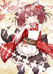  alternate_costume animal_ears apron black_thighhighs brown_eyes brown_hair cat_ears female floral_print highres japanese_clothes kantai_collection kemonomimi_mode kirigakure_(kirigakure_tantei_jimusho) long_hair maid obi ryuujou_(kancolle) sash smile solo thighhighs twintails wa_maid white_apron wide_sleeves 