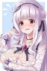  azur_lane black_choker blue_background blush braid braided_bun breasts choker cleavage cygnet_(azur_lane) cygnet_(retrofit)_(azur_lane) double_bun embarrassed female frilled_shirt frills hair_bun hair_ornament hair_ribbon hat highres jewelry large_breasts long_hair long_sleeves looking_at_viewer miimu_(nelreg3) open_mouth red_eyes ribbon see-through shirt solo two-tone_background wet wet_clothes wet_shirt white_background white_hair 