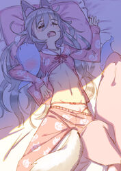  =_= animal animal_ears breasts chinese_commentary closed_eyes clothes_pull commentary_request feline female ghost grey_hair hair_spread_out highres long_hair lying messy_sleeper midriff navel on_back open_clothes open_mouth open_shirt original pajamas panties pants pants_pull pillow sleeping tail underboob underwear very_long_hair yellowpaint. 