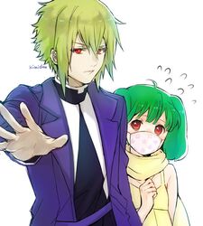  1boy ahoge bishounen brera_sterne brother_and_sister eyelashes female frown green_hair kimidori_(kimidoriri) lips macross macross_frontier mask mouth_mask outstretched_arm ranka_lee red_eyes scarf short_hair siblings 