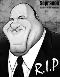  1boy artist_name bad_id bad_pixiv_id caricature character_name chin commentary_request copyright_name dated double_chin facial_hair forehead formal gangster greyscale grin jacket james_gandolfini looking_at_viewer mafia male_focus monochrome naver_username necktie nose off-topic rest_in_peace_(phrase) shirt smile solo stubble suit suit_jacket teeth the_sopranos tony_soprano upper_body watermark web_address yanggoon 