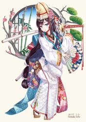  aqua_sash bamboo black_hair blue_eyes blue_sash cherry_blossoms closed_mouth female floral_print folding_fan full_body geta hair_ornament hakuda_tofu hand_fan hat highres holding holding_sword holding_weapon japanese_clothes katana kimono long_hair long_sleeves looking_at_viewer obi original red_sash sash solo sword tabi very_long_hair weapon wide_sleeves yellow_hat 