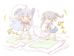  2girls barefoot blue_hair chibi closed_eyes commentary_request fudeyama_(fudeco) futon grey_hair headgear highres kantai_collection light_blue_hair long_hair multiple_girls murakumo_(kancolle) murakumo_kai_ni_(kancolle) orange_eyes pillow_fight smile unworn_legwear usugumo_(kancolle) very_long_hair 