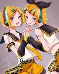  156_hitogoro 1boy androgynous arm_tattoo bare_shoulders blonde_hair bow brother_and_sister commentary crop_top detached_sleeves female green_eyes hair_ornament hair_ribbon hairbow hairclip headphones headset highres holding_hands interlocked_fingers kagamine_len kagamine_len_(if) kagamine_rin kagamine_rin_(if) leg_warmers looking_at_viewer midriff midriff_peek neckerchief necktie neon_trim number_tattoo ribbon sailor_collar shirt short_sleeves shorts shoulder_tattoo siblings sleeveless sleeveless_shirt swept_bangs tattoo twins vocaloid white_shirt yellow_nails yellow_neckerchief yellow_necktie yellow_shorts 